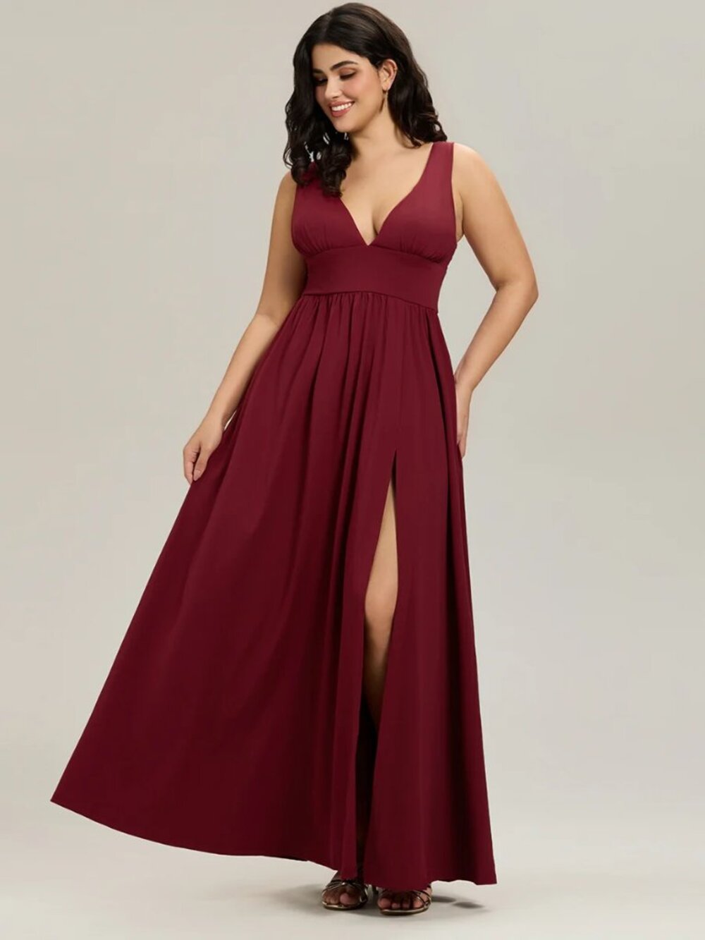 NWT Ever Pretty 2XL Burgundy V-Neck Empire Waist High Slit Floor-Length Dress